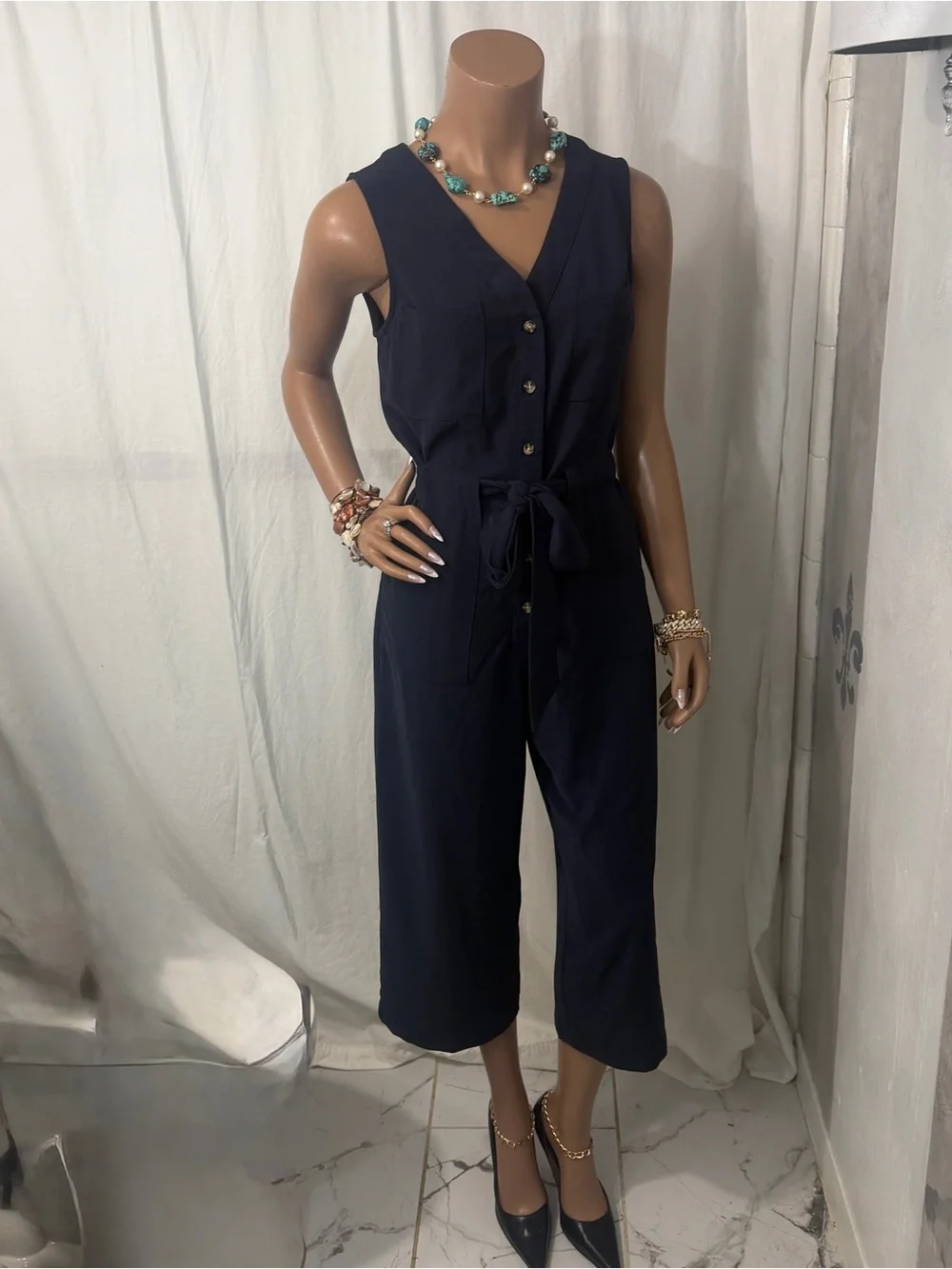 a new day Navy Button-Front Tie Waist Sleeveless Jumpsuit☑️ - Picture 7 of 9